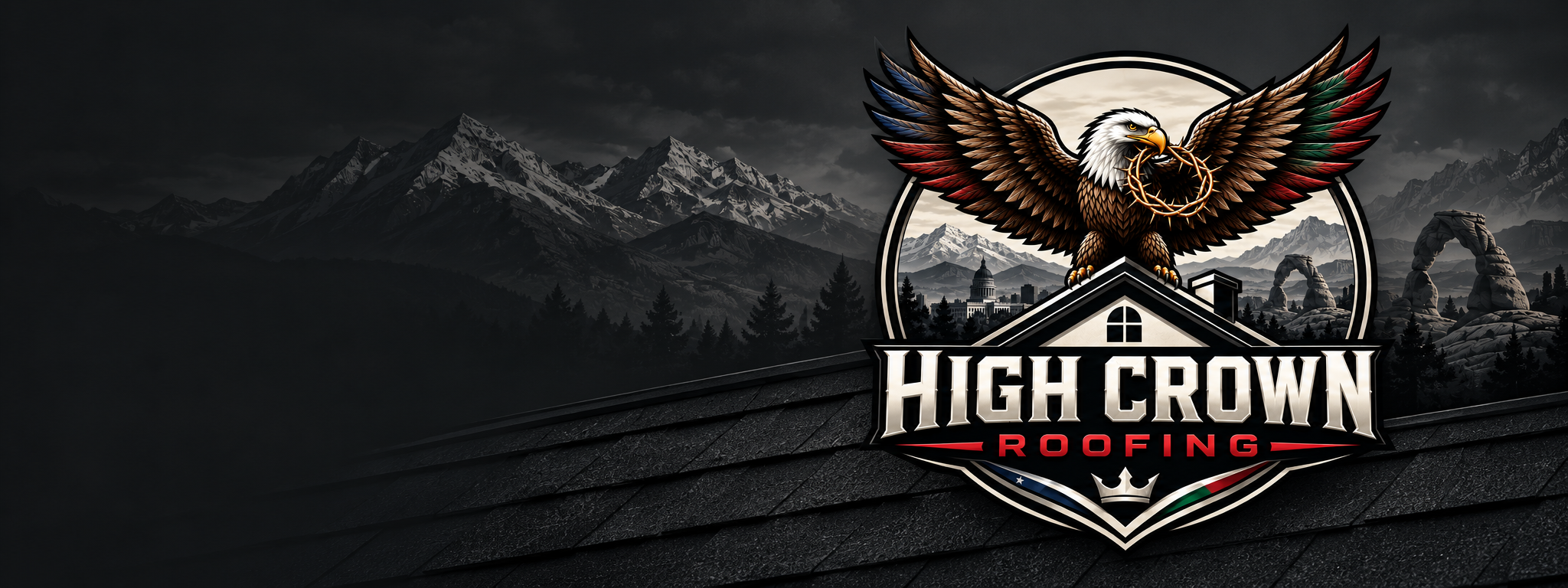 High Crown eagle crest with Utah mountains, the state capitol and Delicate Arch